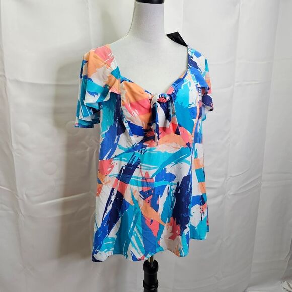 Loralette Blue Brushstroke Kata Print Tie Front Top Size 14 - Picture 4 of 14